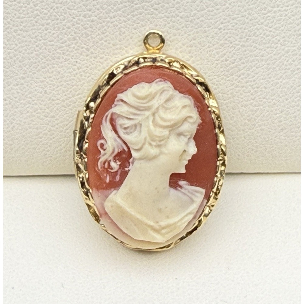 Vintage Gold Tone Cameo Locket Pendant Victorian Lady Classic Oval Shell Style